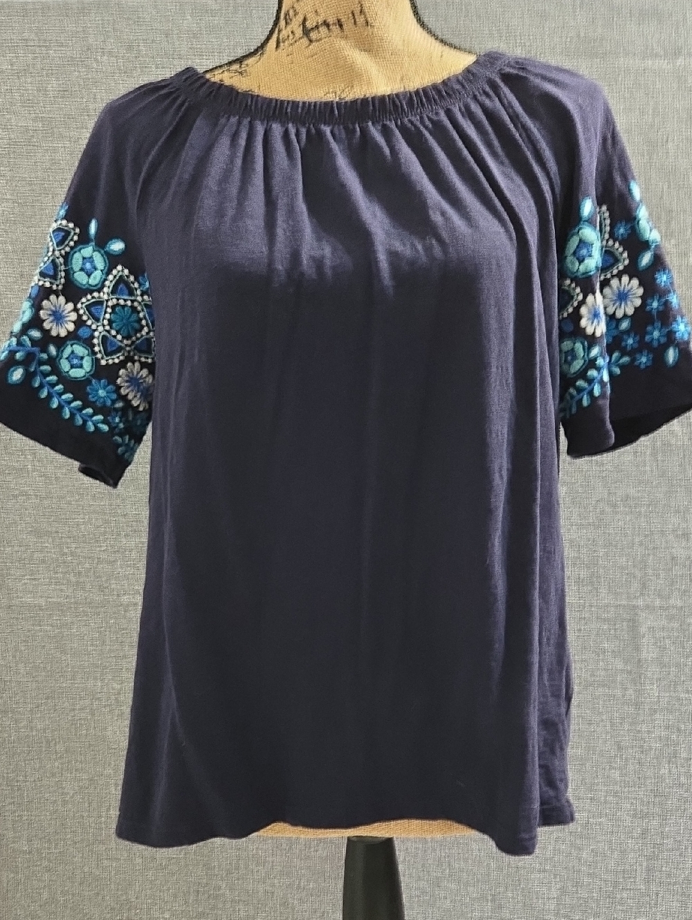 Talbots Navy Blue Embroidered Peasant Top Large Petite